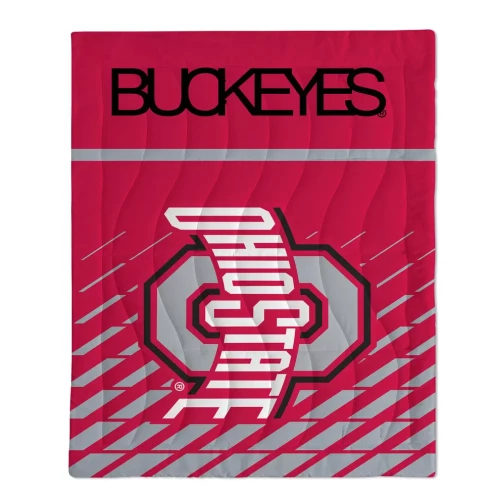 A red and white patterned Ohio State Buckeyes throw blanket featuring the word 