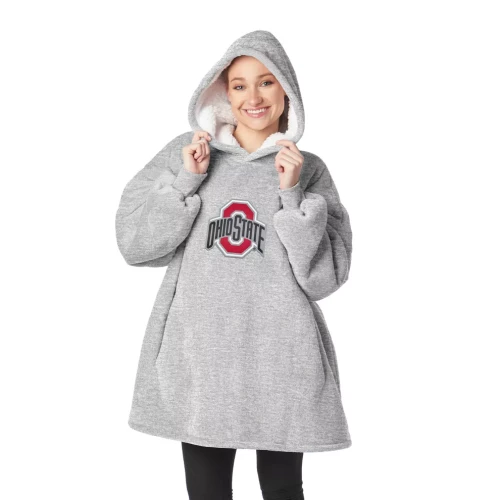 gray hoodler on one model with ohio state logo on the chest 