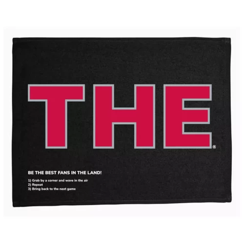 black THE (red font) towel on a white background 