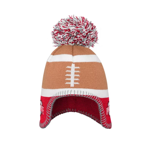 a knit hat that looks like a football with ohio state logos on the side 