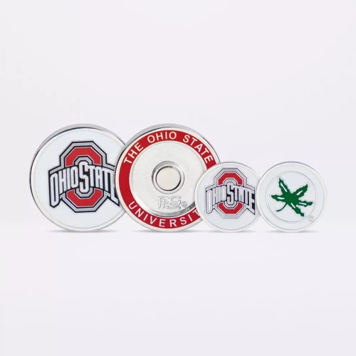 pack of 4 ball markers of varying sizes with different ohio state logos on the faces 