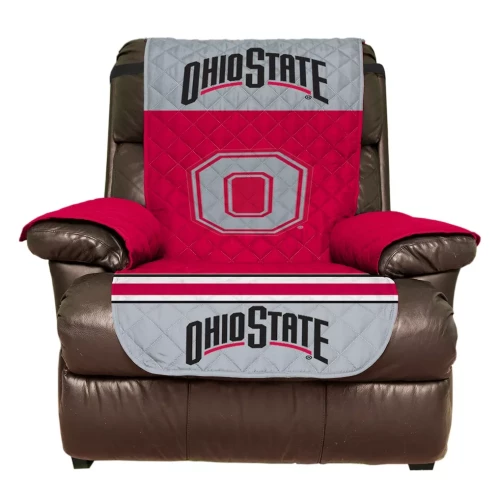An Ohio State themed Recliner protector on a brown leather recliner