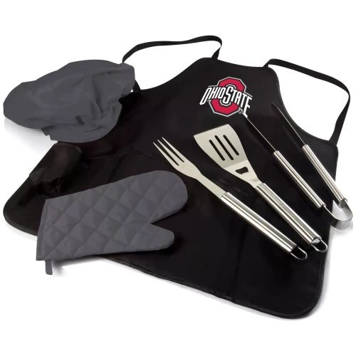 A black BBQ apron tote set featuring an adjustable neck strap, a front pocket with the Ohio State logo, matching gray oven mitts, and stainless steel grilling tools including a spatula, fork, and tongs, against a clean white background.