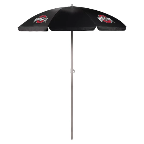 Black beach umbrella with ohio state logos on the top 