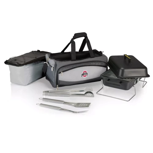 An Ohio State portable charcoal grill and cooler tote set featuring a black and gray cooler bag, a matching insulated side bag, a portable black charcoal grill, and stainless steel grilling tools against a clean white background.
