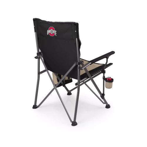 A black and tan portable quad folding camping chair featuring a collapsible metal frame, an armrest cup holder, and a cooler on the other armrest and the Ohio State logo on the backrest.