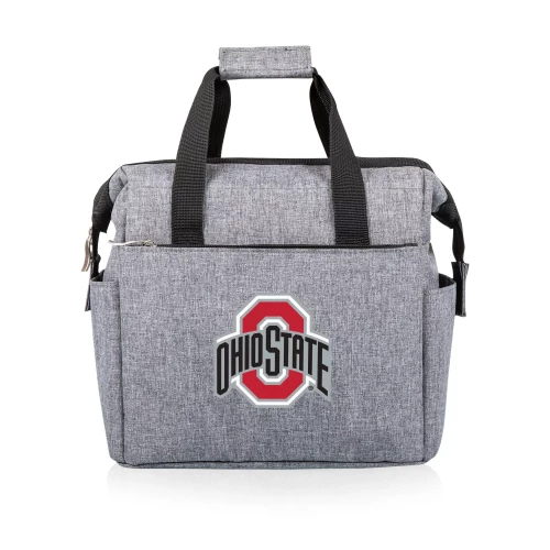 A gray heathered Ohio State Buckeyes lunch bag cooler featuring black webbed top handles, side mesh pockets, and the official logo on the front against a clean white background.