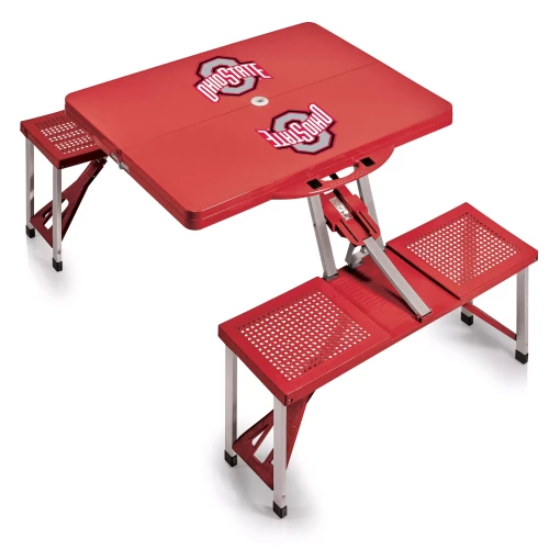 A red portable folding tailgate table with built-in seats, featuring a collapsible metal frame and the Ohio State logo on the top surface.