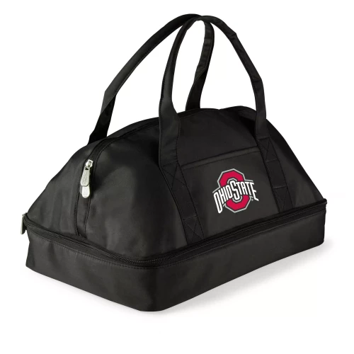 A black dual-compartment lunch bag cooler featuring carrying handles, a zipper closure, and the white Ohio State logo on the front pocket against a clean white background.