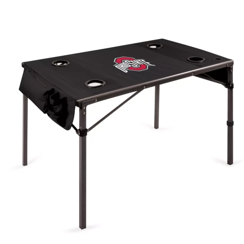 A black portable folding table featuring a collapsible metal frame, four built-in cup holders, an attached side storage pocket, and the Ohio State logo on the top surface against a clean white background.