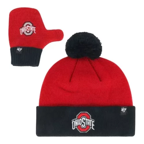 black and red mitt and knit hat set with ohio state logos