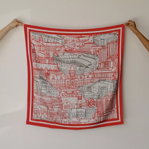 an ohio state-inspired scarlet and gray design on a silk scarf