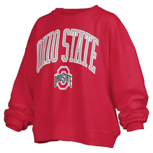 red pull over sweatshirt that reads 