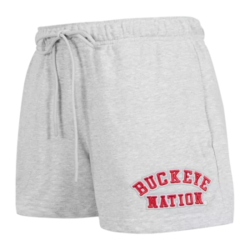 heather gray sweatpant shorts with red text 