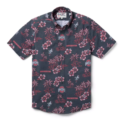 black button up shirt with an ohio state aloha pattern printed all over it 