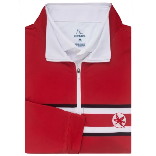 red long sleeve quarter zip with a red and white stripe across the chest and a helmet decal on the left chest 