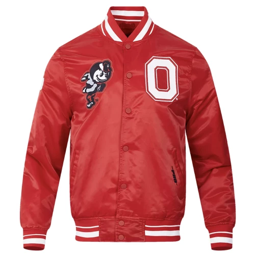 Red varsity style jacket, striped white and red on collar, cuffs. White block O on left chest, running brutus on right chest.