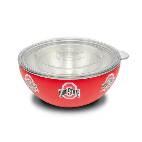 red insulted serving bowl with a lid, and ohio state logos on the side