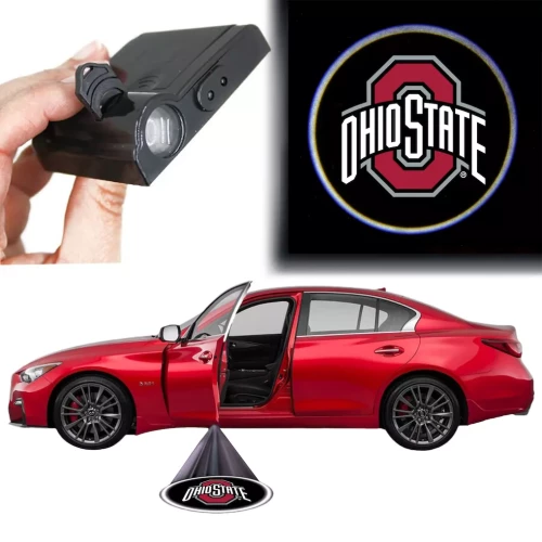 car door light with ohio state logo, depiction of a red card using it