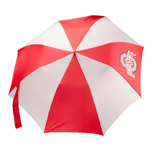 gray and red striped umbrella with an ohio state logo on the side