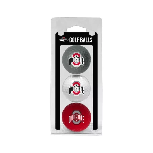 3 golf balls in a pack with ohio state logos on each of them, one ball in white, red and gray 