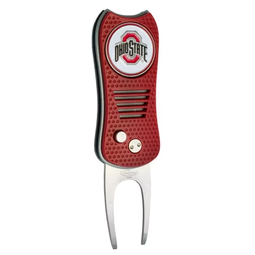 ohio state logo on a red and silver golf divot tool 