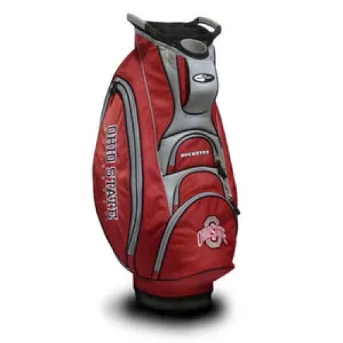 red and gray golf bag with an ohio state logo on the front and the side 