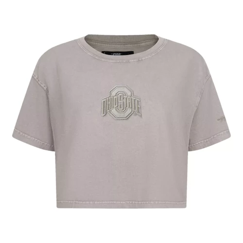 beige colored women's crop top with ohio state logos on the front 