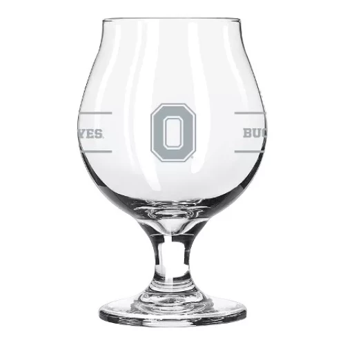 Gray Block O on the side of a clear Blegium beer glass