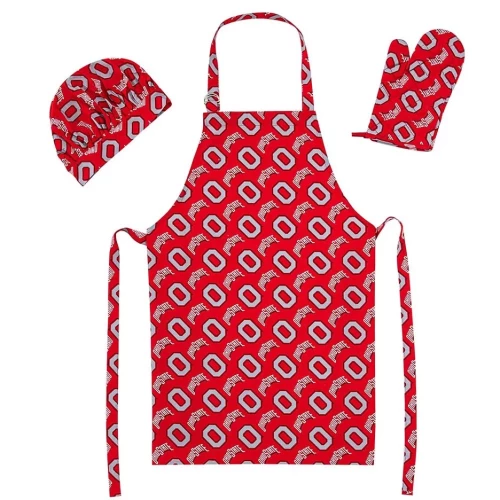 3 piece red ohio state apron, mitt and hat set on a white background. the pattern on all 3 pieces is a red background with gray Block O's and ohio state word marks 