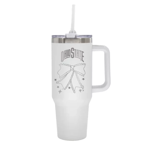 A white insulated tumbler featuring a matching handle, straw, and bow design with the Ohio State logo against a clean white background.