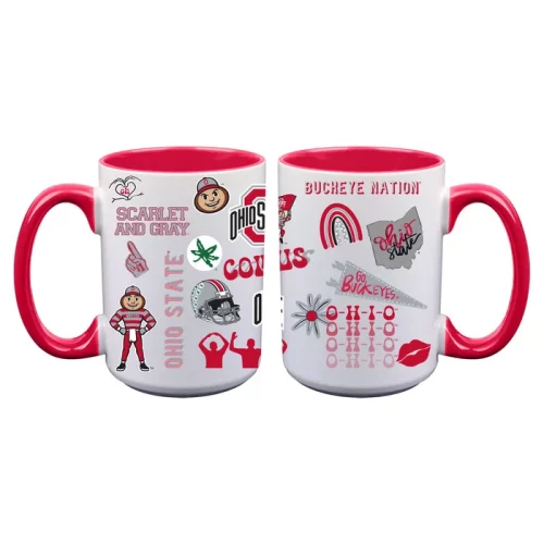 two sides of a red and white ohio state mug with different logos scattered in a pattern