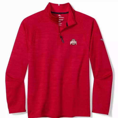 red quarter zip with an ohio state logo on the chest 