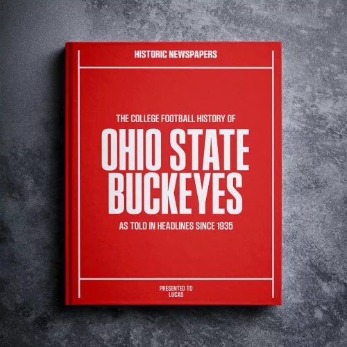 a red history of ohio state football book lays on a limewash gray background