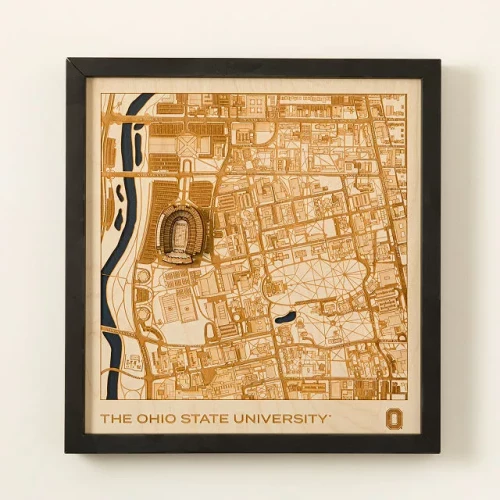 a wood sculpture of ohio state's campus from a aerial view, in a frame 