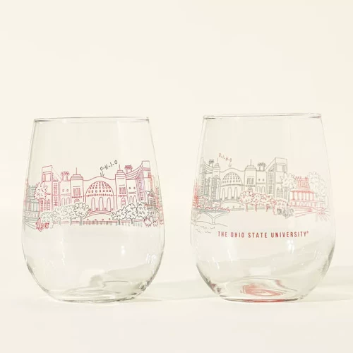 two wine glasses side by side with ohio state campus drawn all the way around 