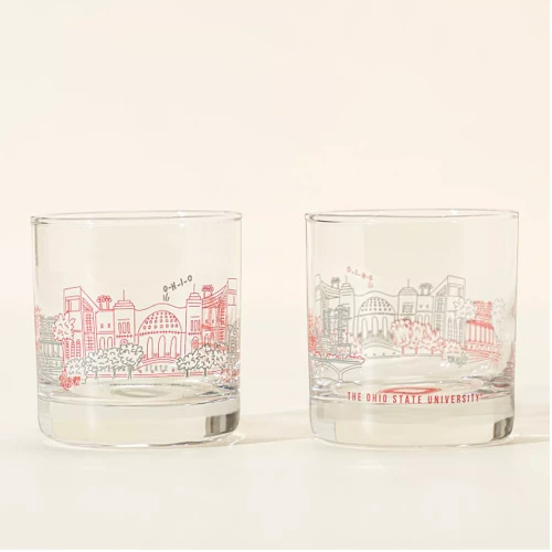 pair of rocks glasses with red and gray ohio stadium outlines and reads 