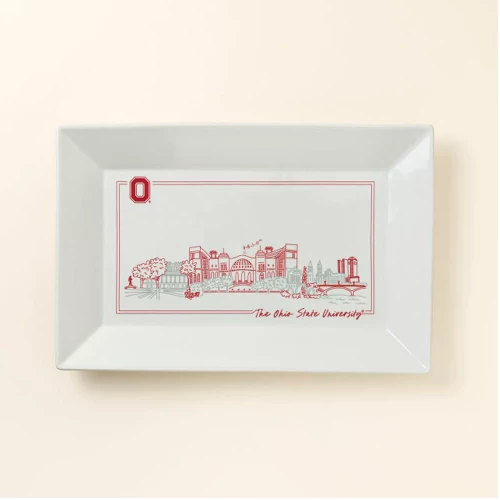 a white rectangular platter with a red outline and red Block O. an outline of ohio stadium in red and gray 