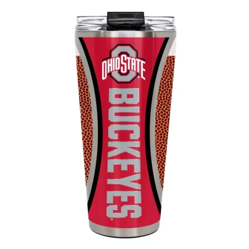 Ohio State Buckeyes stainless steel travel tumbler featuring a red and silver design with a large vertical 'BUCKEYES' text, football texture panels, and the Ohio State logo on top all againts a white background