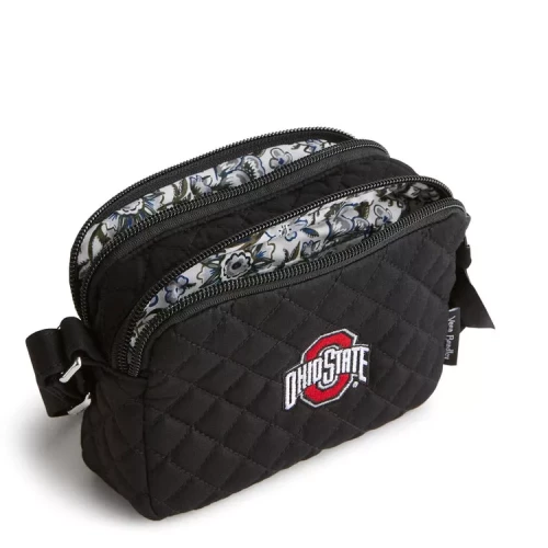 black crossbody bag with patterned inside and ohio state logo on the outside 