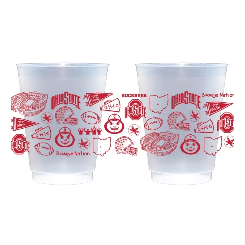 clear plastic game day cups decorated with various red and white Ohio State University logos, Brutus Buckeye icons, and 