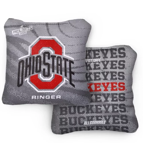 gray cornhole bags with an Ohio State logo on one side and 