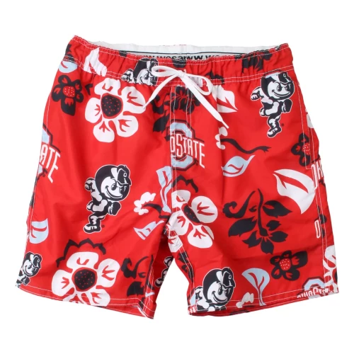 ohio state floral pattern on a pair of red swim trunks