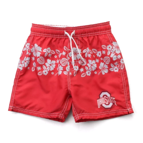 red swim trunks with gray floral pattern across and an Ohio State logo on one side 