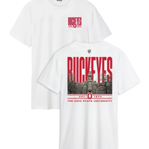 A white Ohio State Buckeyes cotton t-shirt featuring a small 