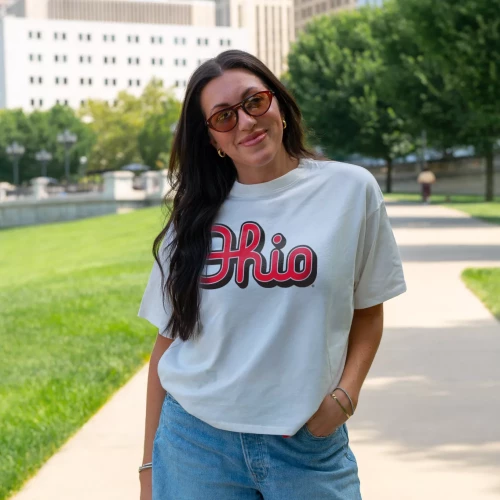 one model wears a white t shirt with red and black script ohio on the center chest 