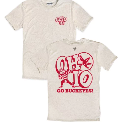 front and back of a cream colored ohio state tee with a red design