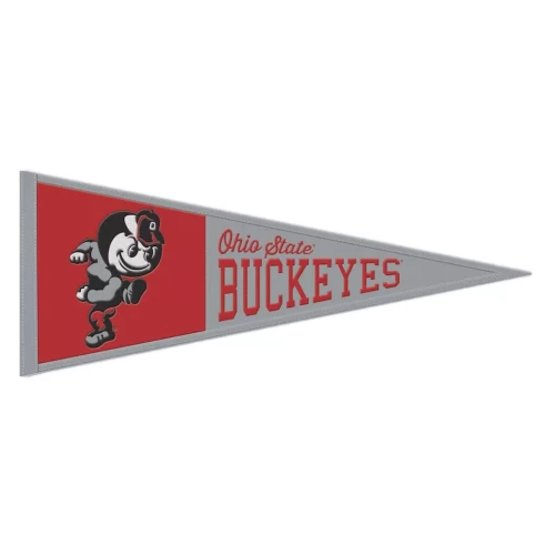 Red and white Ohio State Buckeyes retro logo pennant featuring Brutus Buckeye and the collegiate script lettering against a clean white background.