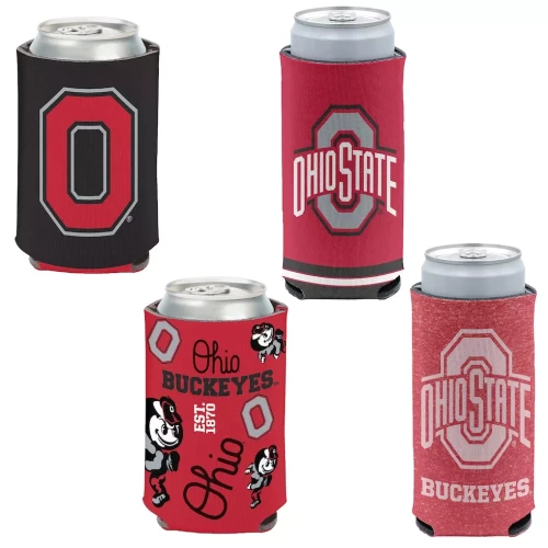 A can koozie 4-pack featuring four different beverage sleeves—one black with a block 