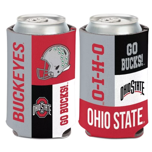 An Ohio State Buckeyes can koozie featuring one can sleeve with a red stripe, silver football helmet, and 
